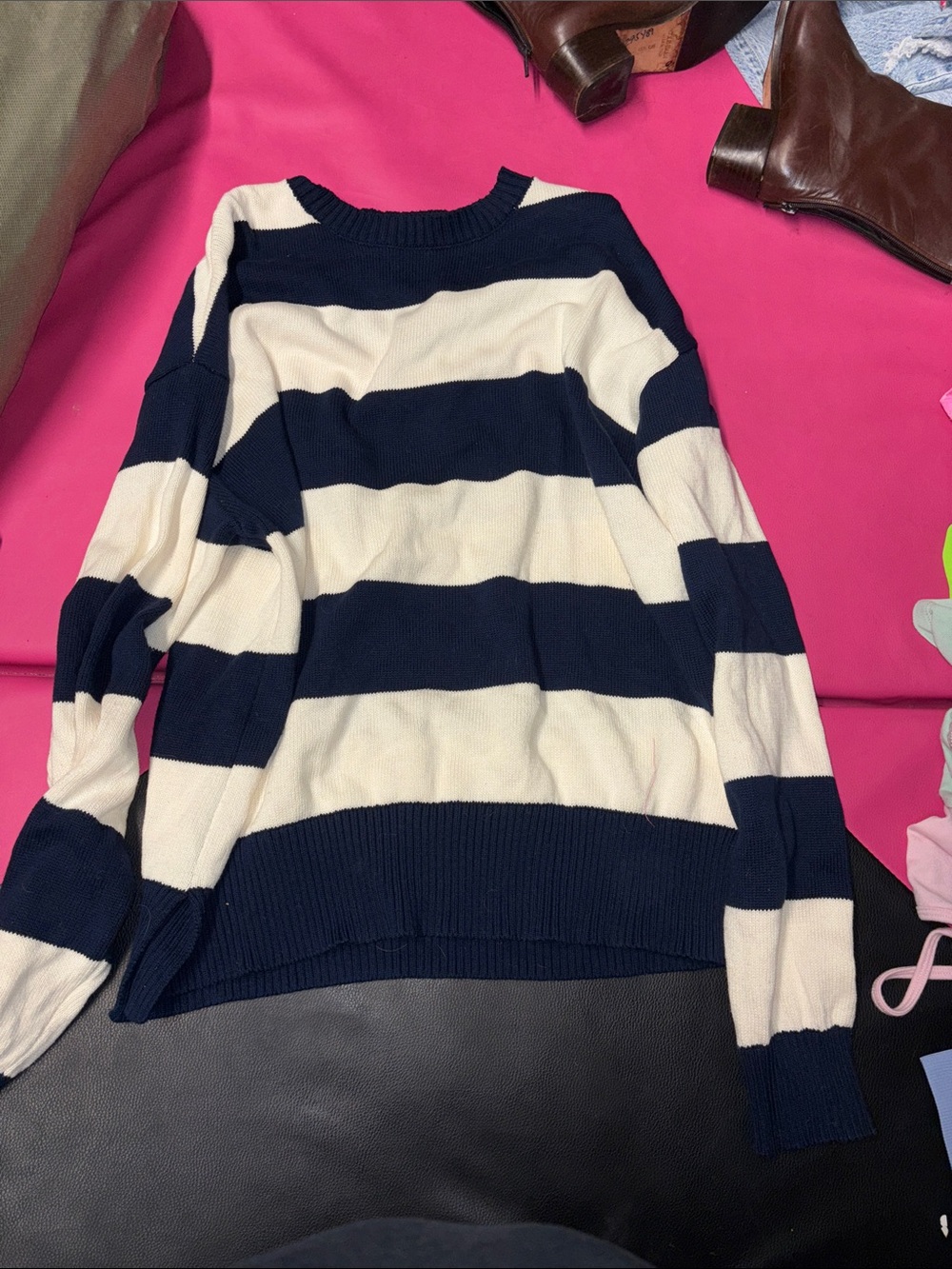 Edikted Navy and White Wide-Stripe Crewneck Sweater